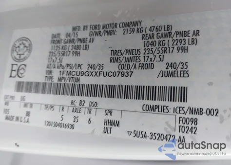 2015 Ford Escape Se z USA, uszkodzony, nr VIN 1FMCU9GXXFUC07937